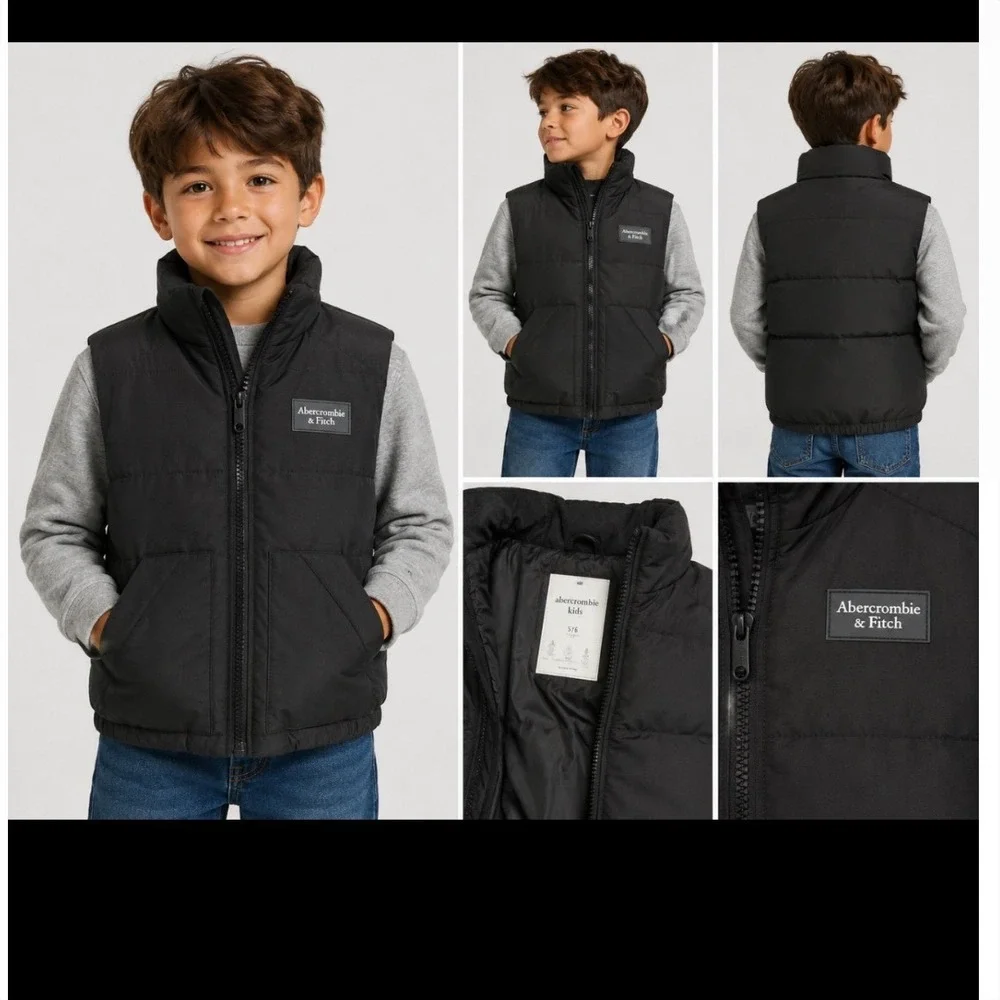 Abercrombie Kids Black Puffer Vest Wind Water Resistant Recycled‎ Fill Size 5/6